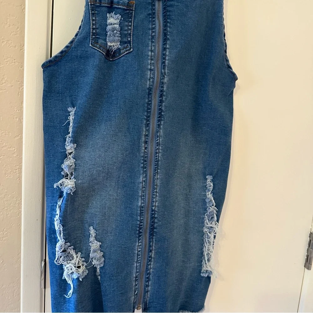Denim Jumper Dress - Juniors Size Large- Zipper Front/ Distressed Blue Stretchy - Picture 9 of 15